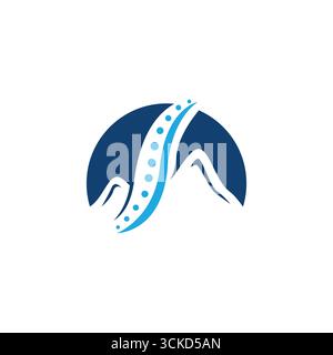 A circular blue mountain design crossed by a vertical dotted curve, symbolizing the spine and alignment. It reflects strength, balance, and holistic h Stock Vector