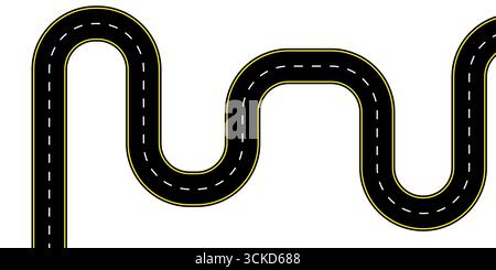 Top view vector of a curved two lane highway with dashed center lines winding path empty lanes and asphalt texture ideal for map icons route planning Stock Vector