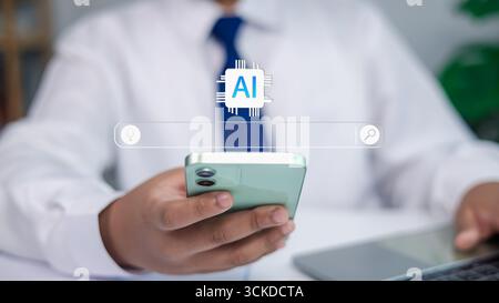 Businessman using smartphone with AI search bar and virtual chip icon, symbolizing artificial intelligence integration in modern business and digital Stock Photo