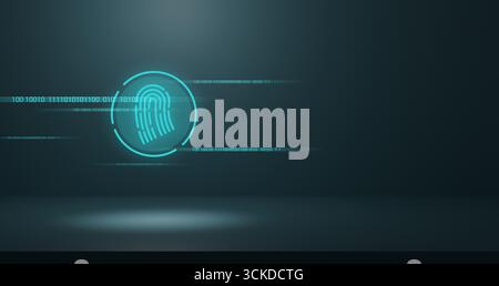 Futuristic digital fingerprint icon with binary code streams, symbolizing biometric authentication, cybersecurity, data protection, and privacy techno Stock Photo