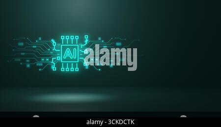 Glowing futuristic AI processor chip with integrated circuit patterns on a dark background, symbolizing artificial intelligence, machine learning, dee Stock Photo