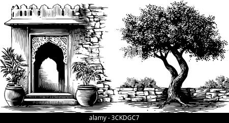 Haweli Vector Vintage engraved illustration of indian haveli facade set with tree and ...