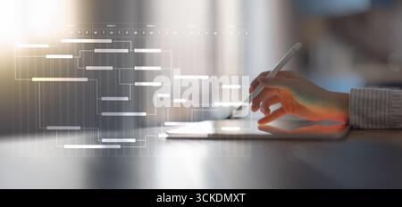Project Management and Workflow Scheduling Illustrated on a Digital Gantt Chart Interface. Stock Photo