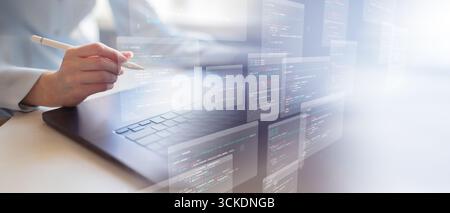 Mobile Application Development and Software Programming Visualization on Smartphone. Stock Photo
