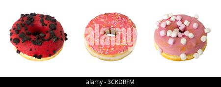 Three red and pink Glazed Donuts with Different Toppings isolated  on white Background Stock Photo