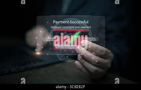 Digital confirmation of successful payment with credit card and global network. Symbol of secure financial transaction, international fintech, cashles Stock Photo