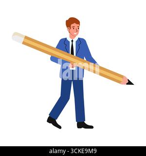 A young man dressed formally in a suit walks confidently through an office space while holding an exaggeratedly large pencil, showcasing a playful app Stock Vector