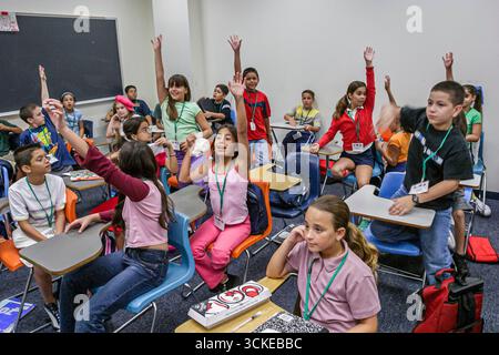 Miami Florida,Non Violence Project USA,teaching student students non violent behavior,boy boys girl girls raise raising hand hands,Hispanic, Stock Photo
