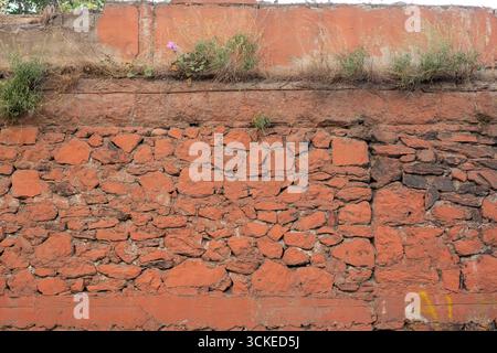 Orange Old Stone and Brick Wall with Wild Plants – Rustic Urban Texture, Weathered Stone Wall with Orange Plaster and Vegetation ustic Masonry with Gr Stock Photo