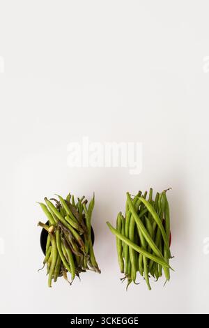 Flat lay of two bowls with green beans, fresh beans on the right, rotten beans on the left, shot on a clean white background. Stock Photo
