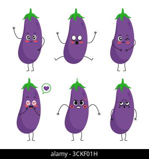 Cartoon eggplant character icon set. Eggplant mascot emoji set. Vector illustration Stock Vector