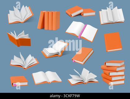 Open books. 3d floating knowledge, publication reading or history paper with bookmark, closed with hardcover. Education and knowledge symbol. Encyclopedia and dictionary. Render isolated vector icons Stock Vector
