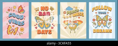 Flower posters. Retro flying butterfly, groovy vintage boho quote or 70s floral girl stickers. Peace t shirt print. Exotic tropical doodle insects, Vector design, cartoon flat isolated illustration Stock Vector
