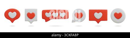 3D hearts. Love bubble emoji. Like and social media speech red message. New reaction button render. Best evaluation. Followers enjoy emoticon. Online subscribe. Positive feedback. Vector icons set Stock Vector