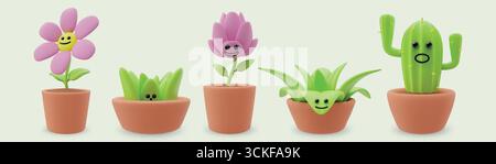 3d plants. Flower cactus characters, cute succulent face in pot or green kawaii flowerpot. Decorative sansevieria, houseplants in pots. Glossy render cartoon isolated elements. Vector illustration Stock Vector