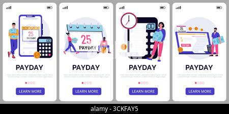 Payday characters. Pay day. Mobile onboarding interface. People waiting salary. Wage for working. Payoff date. Phone app. Financial profit. Employee holding banknotes and wallet. Vector templates set Stock Vector