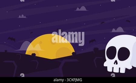 Spooky midnight cemetery landscape with illustration of skull and purple sky with full moon, mist, and bats. Halloween cemetery flat illustration. Stock Vector