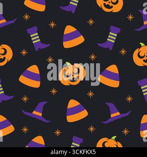 Abstract Halloween seamless pattern illustration with seasonal objects like smiling pumpkin, witch hat, and boot suitable for wrapping paper. Stock Vector