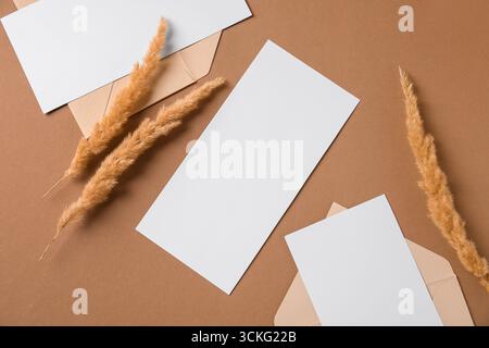 Composition with blank cards, envelopes and pampas grass on brown background, closeup Stock Photo