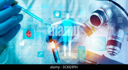Close up of scientist using pipette with blue liquid into test tube under microscope combined with digital graphics of human body, DNA, organs and hea Stock Photo