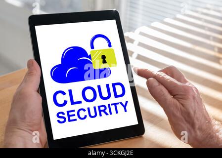 Tablet screen displaying a cloud security concept Stock Photo