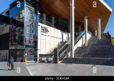 The stair and escalator to International Convention Centre Sydney (ICC Sydney) in Darling Harbour. Sydney, Australia. Stock Photo