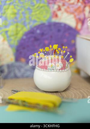Close up view of straight pins in pin cushion Stock Photo