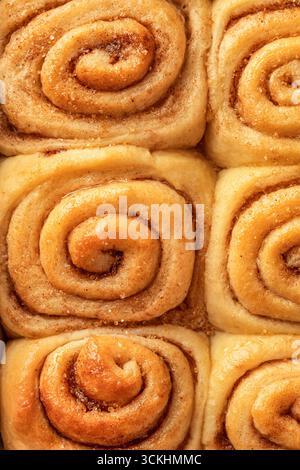 Freshly baked cinnabon buns close up, texture. Making cinnamon rolls. Vertical Stock Photo