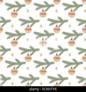 Seamless Christmas Pattern with Pine Branches and Hanging Ornaments Stock Vector