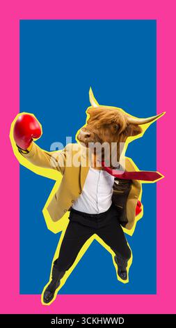 Trendy pop art collage. Businessman with bull head in boxing gloves Stock Photo