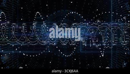 Displaying dotted waveform intersecting circular HUD on grid lines, with axis labels, data points Stock Photo