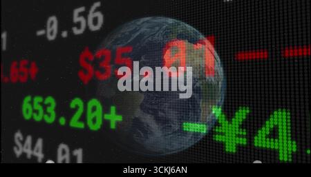 Displaying Earth globe over dotted grid with ticker showing red figures and green currency symbols Stock Photo