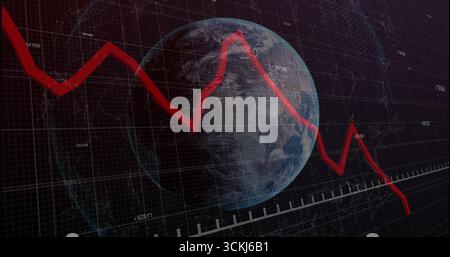 Displaying earth globe hovering at grid center with declining red line graph and numeric labels Stock Photo