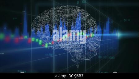 Floating wireframe brain mesh showing multicolor candlesticks and blue histogram in 3D data grid Stock Photo