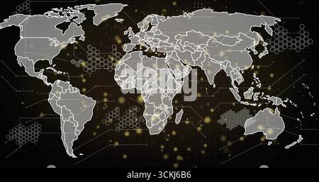 Displaying digital world map on dark grid overlay with gold points and hexagonal clusters Stock Photo