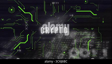 Displaying central CRYPTO text glowing in virtual interface with green circuits, code overlays Stock Photo