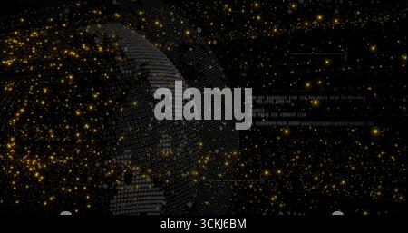 Displaying 3D binary globe rotating in data space, with golden sparks and code streams, copy space Stock Photo