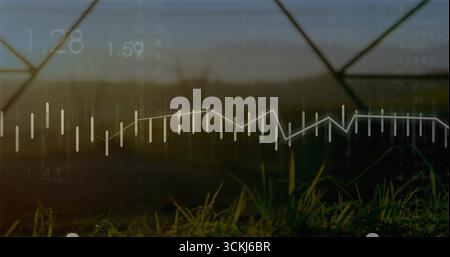 Displaying bars, line graph and number labels floating above grass blades at metal fence in field Stock Photo