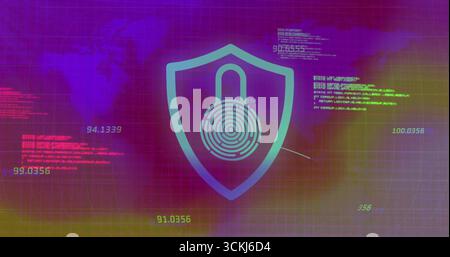 Displaying shield icon merging padlock and fingerprint over grid, with neon code and purple map Stock Photo