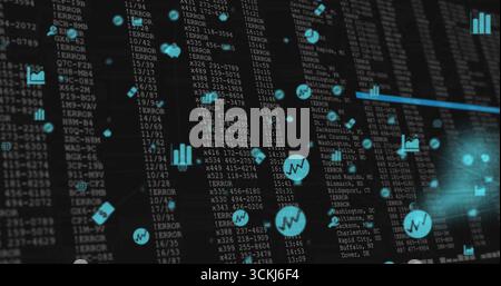 Showing blue icons with chart symbols in digital interface, with glowing teal node and error logs Stock Photo