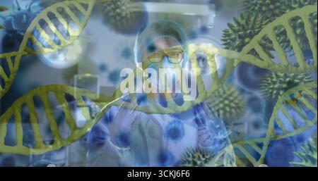 Chinese researcher wearing hazmat suit analyzing samples in biosafety lab, with DNA virus overlays Stock Photo