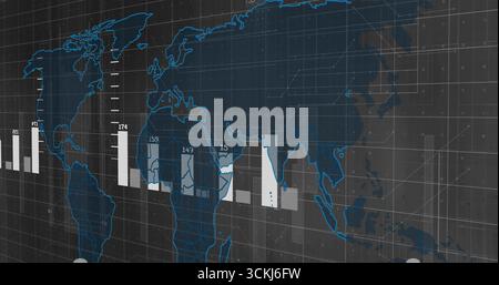 Displaying world map visualization on dashboard, featuring white and gray bar charts on dark grid Stock Photo