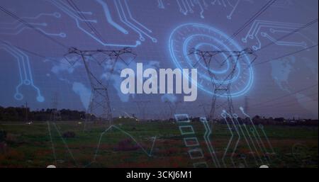 High-voltage towers spanning lines at dusk featuring circuit overlay map grid and target graphics Stock Photo