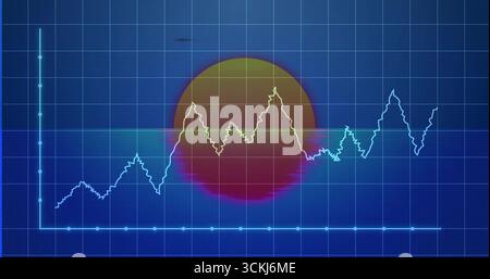 Running neon fluctuating line graph on dashboard with dark blue grid, circular gradient backdrop Stock Photo