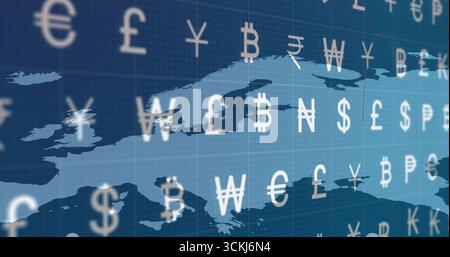 Displaying stylized map of Eurasia floating on digital blue grid, with global currency symbols Stock Photo