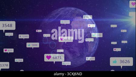 Displaying Earth globe in outer space, showing social media notification bubbles, interface rings Stock Photo