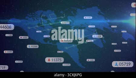 Displaying network overlay on navy world map, glowing lines, data labels with icons, light flare Stock Photo