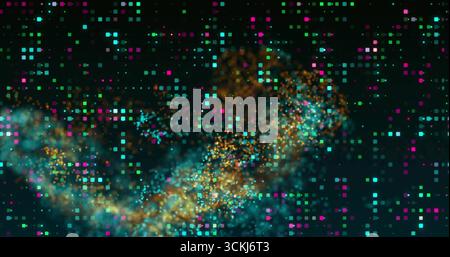 Multicolored square pixels and glowing particles swirling in abstract data stream, forming trail Stock Photo