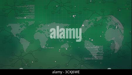 Displaying dotted world map and 3D globe on grid interface, with network nodes and code particles Stock Photo