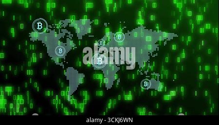 Displaying dotted world map overlaying virtual network, with falling binary code and Bitcoin icons Stock Photo